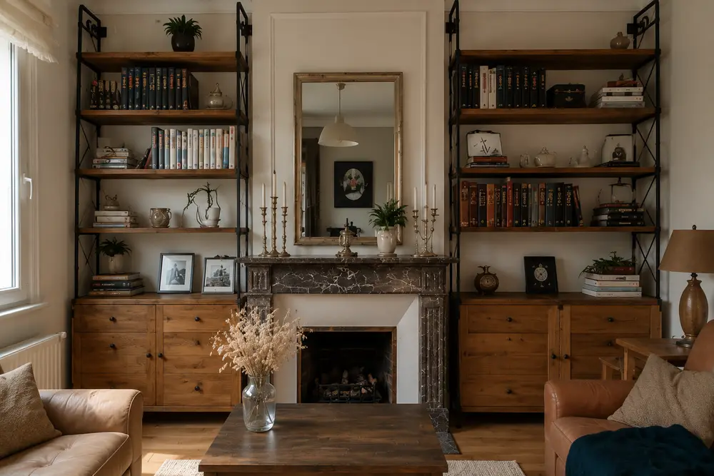 Bibliothèque autour d'une cheminée