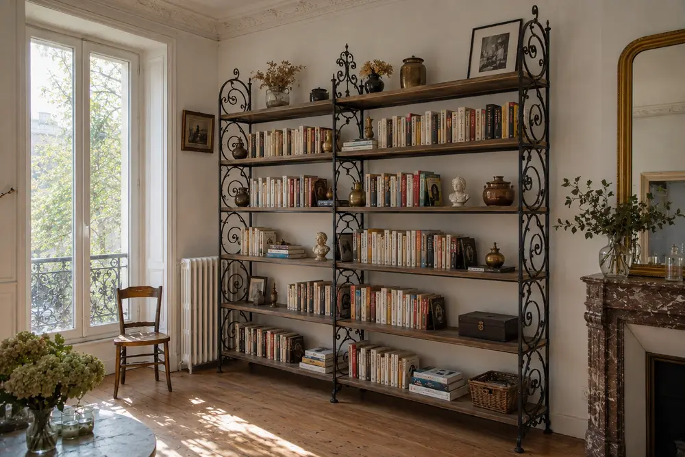 Bibliothèque dans un salon lumineux